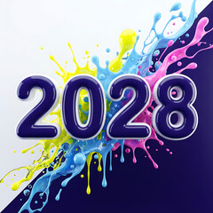 2028 new year celebration with colorful paint splashes.