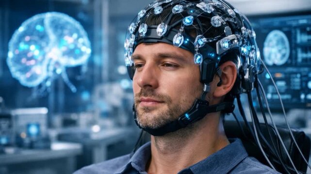 Man wearing EEG Headset undergoing neurointerface brain research. Neural interface technology in futuristic lab for mind exploration and data visualization.
