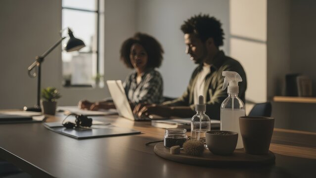 A young couple works together on a laptop at a desk with cleaning supplies in the foreground, conveying a sense of teamwork and cleanliness. - Powered by Adobe