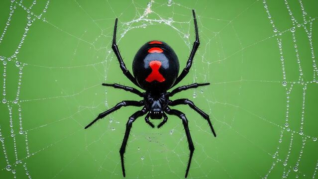 Black widow spider in web on green background