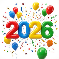 Colorful 2026 Celebration with Balloons and Confetti.