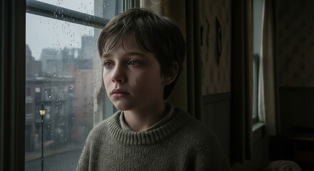 Emotional portrait of a young boy crying by a window on a rainy day, conveying sadness, loneliness, and depression.