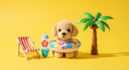 Adorable puppy doll with beach gear on yellow background. Perfect for summer travel ads, pet products, and seasonal greeting cards.