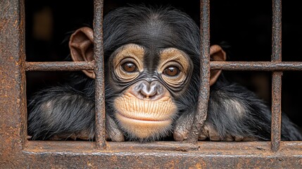 Baby chimp behind rusty cage bars