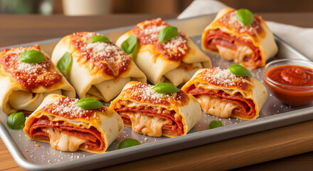 Baked pepperoni pizza rolls with cheese and basil. Ideal for food blogs, restaurant menus, recipe books, and party snack promotions.