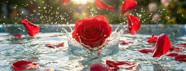 Vibrant red rose in water splash with golden sunlight and bokeh, perfect for celebrating love, Valentine's Day, and summer freshness.