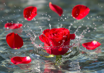 High-speed shot of a red rose hitting water, creating a beautiful splash and ripples, ideal for beauty, spa, and romance concepts.