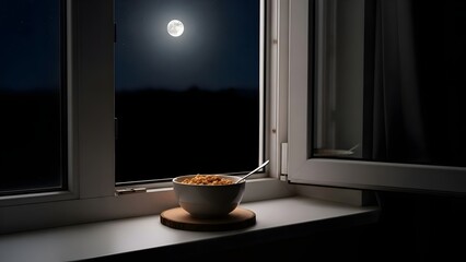 Fototapeta premium window and coffee, White Ceramic Bowl of Cereal on Window Sill Under Full Moon Night Sky