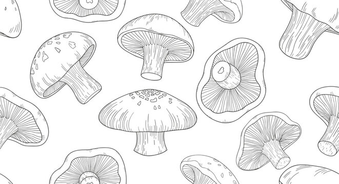 Detailed seamless pattern of various hand-drawn mushrooms in an engraved, black and white line art style on a white background.