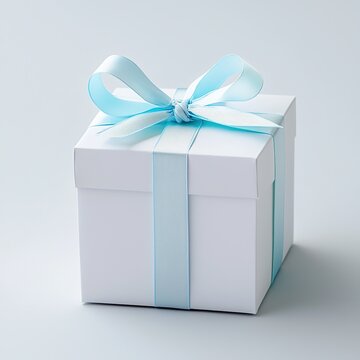 Elegant White Gift Box with Light Blue Ribbon - Minimal Gifting Visual for Celebrations, Weddings and Brand Packaging Designs