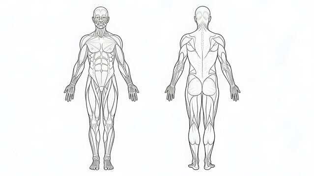 Front and back view of the human body showing detailed muscular anatomy in a line art style