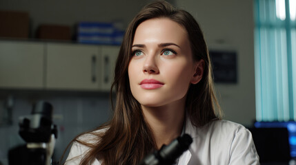 Woman scientist laboratory microscope white coat research medical professional concentration science healthcare female researcher laboratory with