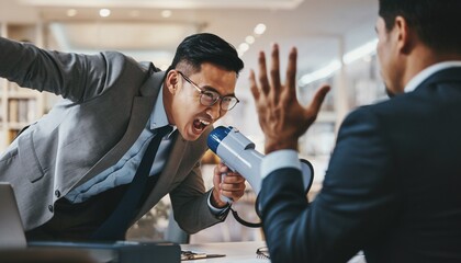 Angry Manager Shouting at Employee During Workplace Conflict and Stressful Office Situation