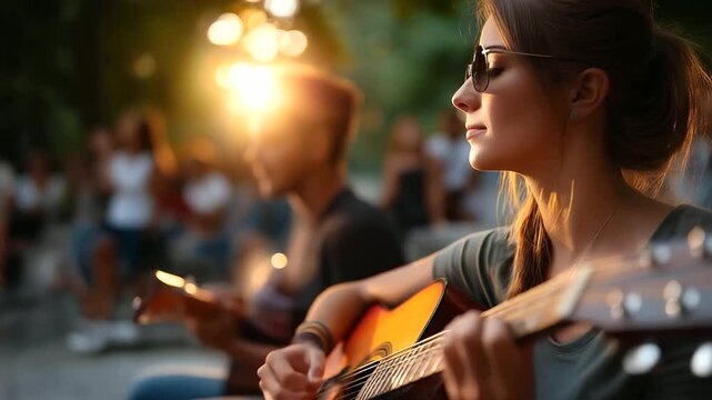 Young adults playing acoustic guitar in park circle, musical gathering, creative expression, friendship through arts, casual outdoor jam session, with copy space