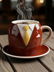 Unique coffee mug shaped like a business suit with a yellow tie, steaming hot beverage