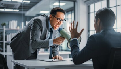 Angry Manager Shouting at Employee During Workplace Conflict and Stressful Office Situation