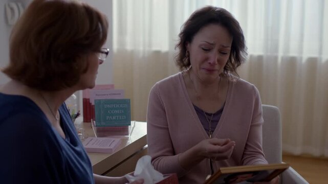 Crying woman mourning a loved one during therapy session