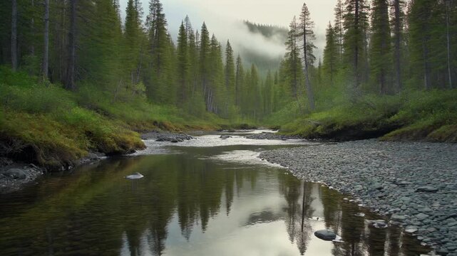 Tranquil forest river stream flowing through thick evergreen taiga landscape with fog and lush green banks and pebble shores