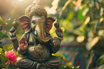Fototapeta premium Bright holiday composition for happy Ganesh Chaturthi, abstract vivid composition consists of fictional unreal fantastic vision on background