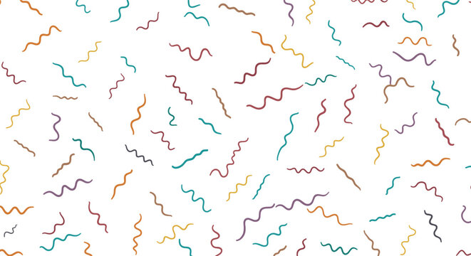 Minimalist seamless pattern of colorful, hand-drawn wavy lines or squiggles scattered randomly across a clean white background.