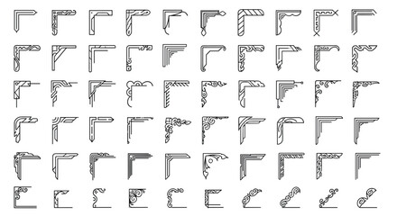 Extensive set of simple and ornate corner designs in black line art offers numerous options for framing and page decoration needs.