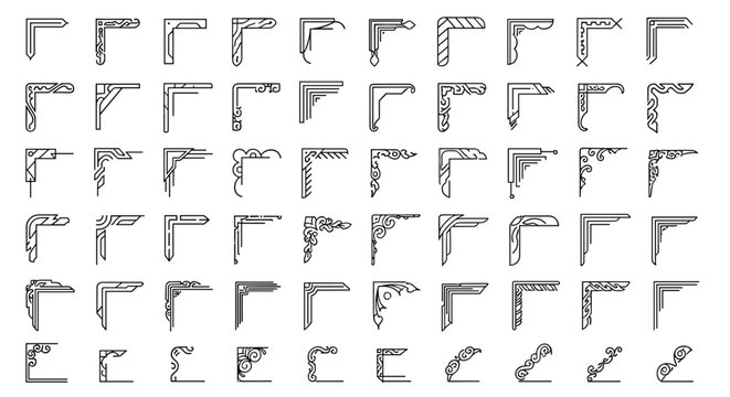 Extensive set of simple and ornate corner designs in black line art offers numerous options for framing and page decoration needs.