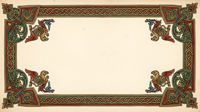 Intricate medieval style border featuring illuminated dragons and celtic knotwork on aged parchment