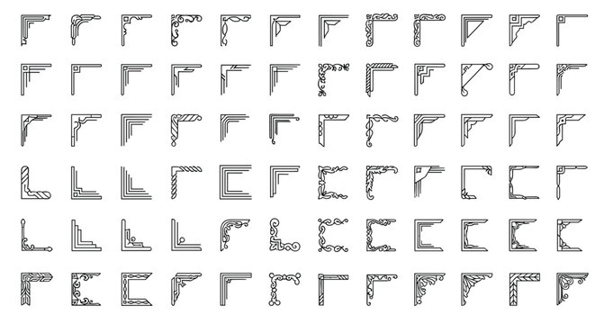 Large assortment of geometric and floral corner ornaments in minimalist line style provides elegant solutions for stationery and invitations.