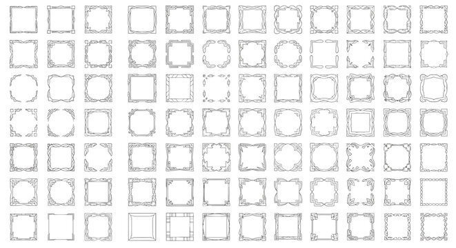Comprehensive grid of small decorative square frames featuring unique patterns is ideal for creating intricate border designs or icons.