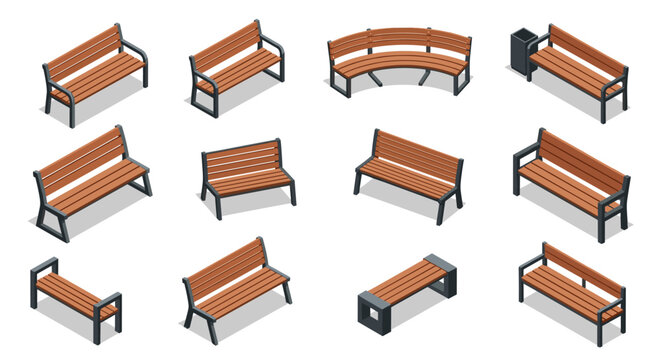 Isometric views of various wooden park benches with different designs and metal frames are useful for architectural visualization and games.
