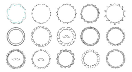 Set of decorative circular frames and round border ornaments with vintage mustache icons inside some of the designs for creative branding use.