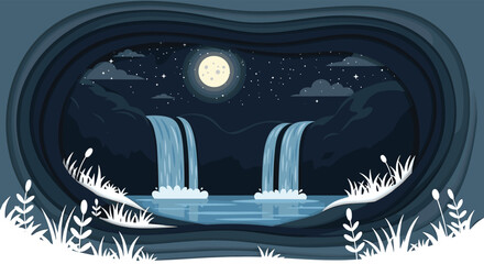 Serene paper cut style landscape illustration featuring two waterfalls flowing into a lake under a bright full moon and starry night sky.