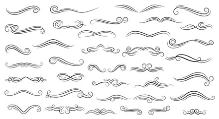 Obraz premium Collection of various simple hand-drawn decorative curls, flourishes, and line dividers in black ink for elegant graphic design projects.