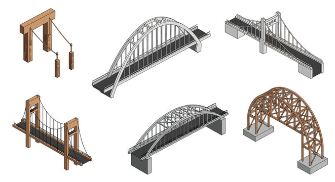 Various isometric architectural bridge designs including suspension, arch, and truss structures shown from multiple angles on a white background.