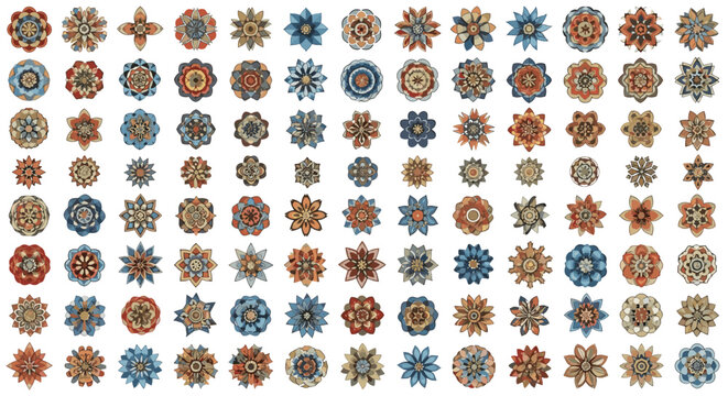 Extensive grid of colorful and diverse mandala-style floral patterns and circular decorative motifs in earth tones for artistic projects.