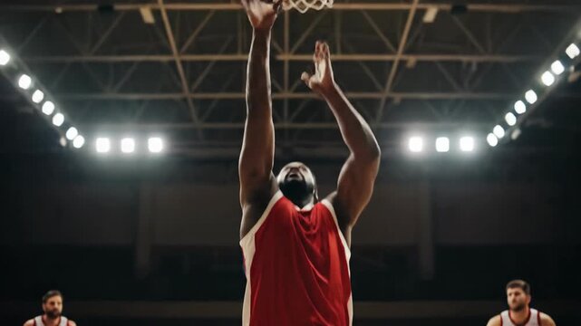Disabled Athlete in Wheelchair Dribbling and Shooting Basketball in Indoor Court with Dramatic Lighting