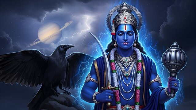 Detailed Illustration of Shani Dev with Crow, Sword and Planet Saturn