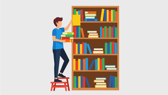 Dedicated student organizing a bookshelf, embodying the spirit of learning and the journey of knowledge through avid reading and intellectual growth