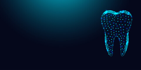 Low poly wireframe human tooth on dark blue background.
