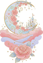 Dreamy crescent moon with a fairytale castle roses and pastel clouds