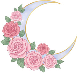 Crescent moon adorned with pink roses and green leaves on a starry blue background