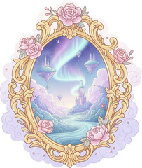 Dreamy fairytale landscape with castle aurora and floating islands in a mirror
