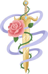 Golden sword entwined with a pink rose and flowing purple ribbon
