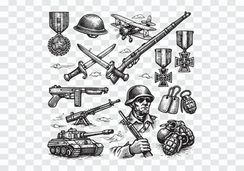 Hand-Drawn Collection of Vintage Military Gear