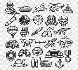 Hand-Drawn Military and Army Equipment Doodle Icons Collection