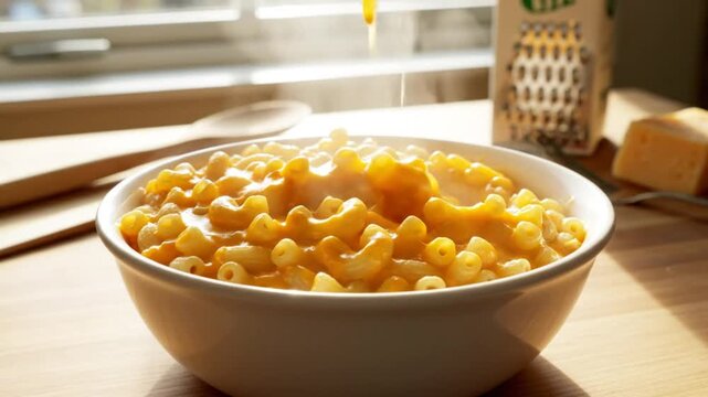 Delicious steaming mac and cheese being scooped from a bowl with cheese stretching in a kitchen setting