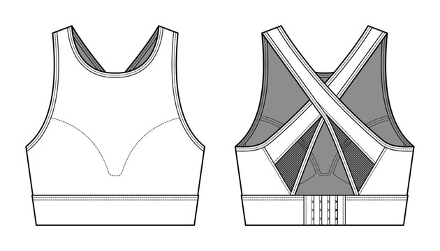 High-Impact Sports Bra Technical Fashion Illustration. Cross-Lock Back Support Sports Bra. Front and Back Views. CAD Vector Mockup Set.