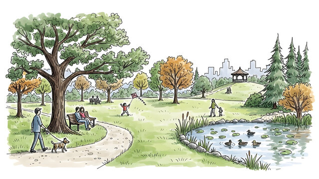 A serene hand-drawn watercolor sketch of a public park featuring people walking dogs, sitting on benches, a duck pond, and a gazebo on a hill