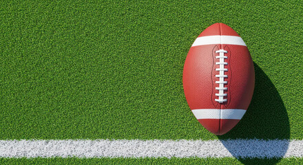 American football resting on vibrant green turf, with white yard line marking, showcasing the sport's essence and inviting playfulness in a competitive atmosphere