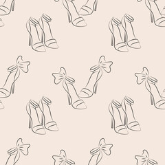 Seamless pattern with elegant high heel sandals and bows in minimal line art on a soft nude background, stylish feminine fashion print for fabric, wrapping paper and branding